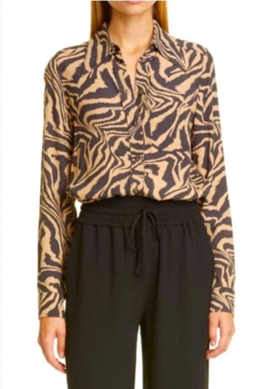 Ganni Shirt 44 Zebra Animal Print Button Up Viscose Long Sleeve Office Chic Work